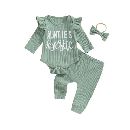 Elippeo 3-Piece Baby Girls Ribbed Set Letter Print Long Sleeve Round Neck Ruffled Romper Long Trousers Hair Band Adorable Outfits 3 6 9 12 Months