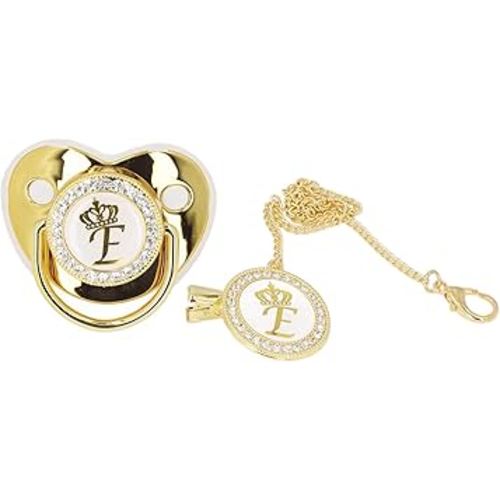 Personalized Golden Letter Baby Pacifier with Bling Design, Clips, Anti-Dust Cover for Newborn Photography, Letter E