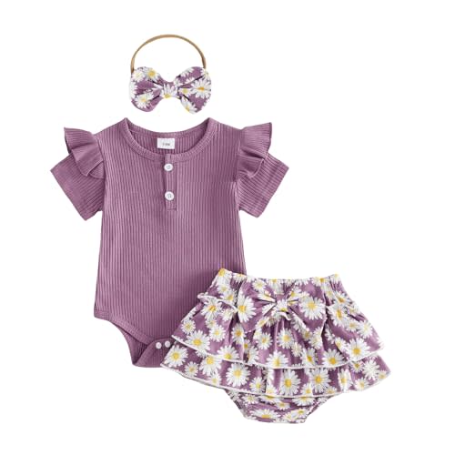 fhutpw Newborn Baby Girl Clothes Ribbed Romper Top Leopard Ruffle Shorts | Infant Girl Summer Outfits 0 3 6 9 12 18 Months Clothing Set, Letter Print, Bow Headband, Soft Cotton, Cute Baby Clothes