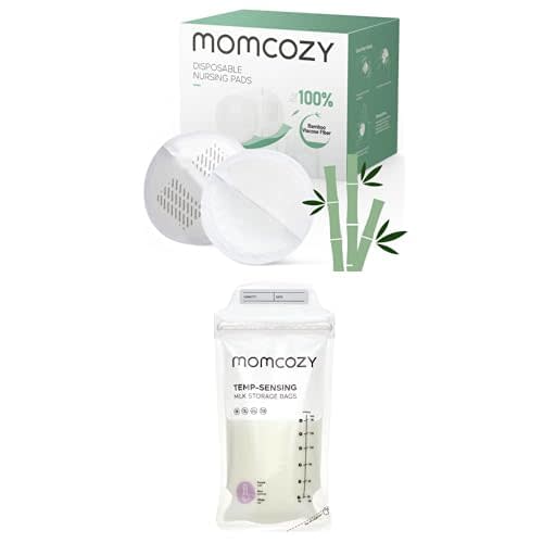 Momcozy Bamboo Fiber Disposable Nursing Pads, 100% Natural Materials & Momcozy Breastmilk Storing Bags, Temp-Sensing Discoloration Milk Storing Bags for Breastfeeding