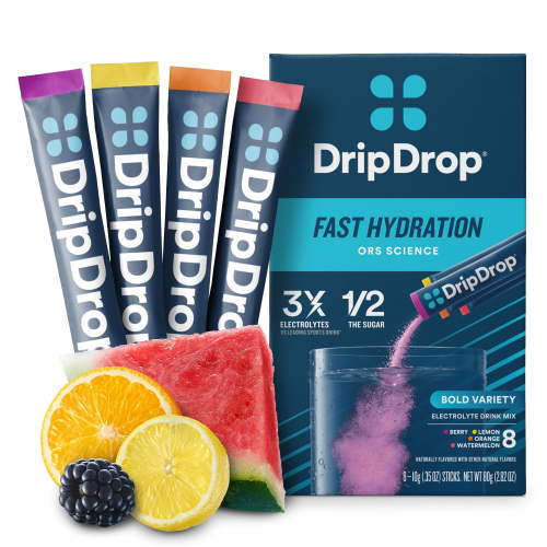 DripDrop Fast Hydration Bold Variety - Berry, Lemon, Orange, and Watermelon Electrolyte Powder Drink Mix, 8 Count