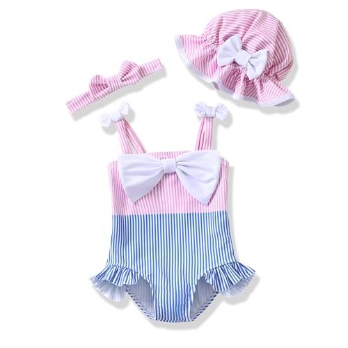Renotemy Baby Girl Swimsuit Infant Bathing Suit Swimwear Sleeveless Bikini Tankini Toddler Girl One-Piece Swimsuit with Hat