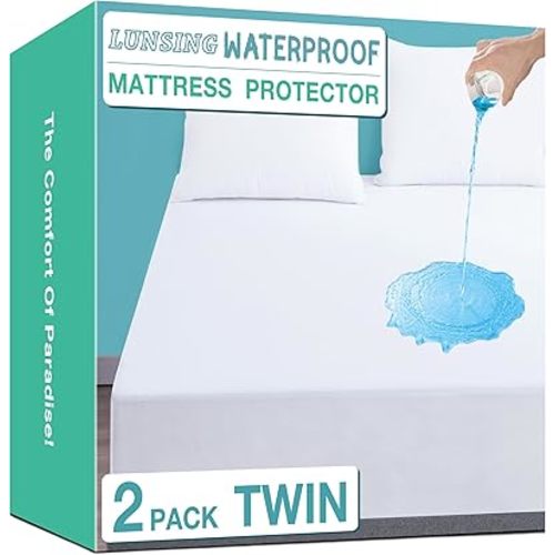 Lunsing Soft 2 Pack Twin Size Waterproof Mattress Protector with 6-16 Inches Deep Pocket, White