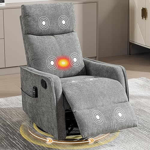 Manual 360° Swivel Rocker Recliner Chair for Adults, Overstuffed Glider Chair for Nursery with Vibration Massage & Heat, Comfy Soft Fabric Recliner Chair with Side Pockets for Living Room, Light Gray