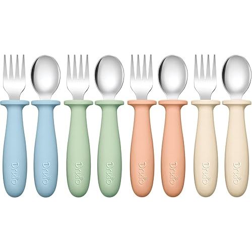 DRKIO 8 Pieces Toddler Utensils Set - Kids Silverware Set with Silicone Handle Children Safe 18/8 Stainless Steel Forks and Spoons Anti-Choke Design Food Grade Dishwasher Safe