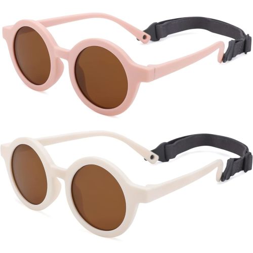 COASION Baby Polarized Round Sunglasses Flexible Rubber Shades with Strap for Toddler Newborn Infant Ages 0-24 Months (Pink/Brown + White/Brown)