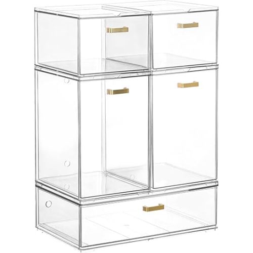 Set of 5 Stackable Storage Drawers, Clear Acrylic Organizer Bins for Beauty Supplies, Perfect for Makeup Vanity, Undersink, Kitchen, Cabinet,Pantry Organization and Storage