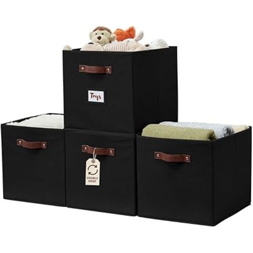 DECOMOMO Storage Baskets, 13x15x13 Storage Cube Bins with Labels for Organizing Shelves Kallax (Kallax / 4pcs, Black)
