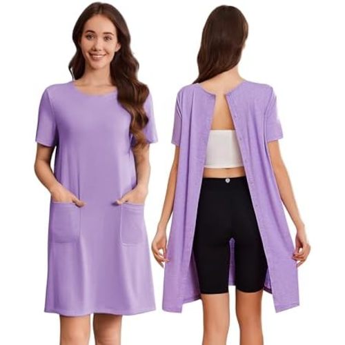 Deyeek Hospital Gowns for Women Open Back Tear Away Snap Nursing Dress Short Sleeve Soft Adaptive Clothing With Pockets