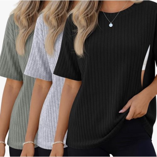 Ficerd 3 Pack Women's Oversize Nursing Breastfeeding Shirts with Hidden Zipper Ribbed Loose Fit Short Sleeve Maternity Tops