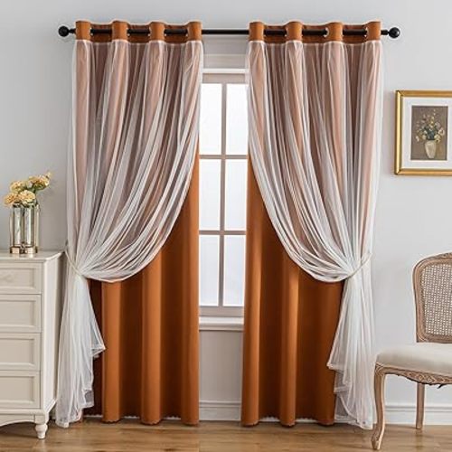 Anytime Home Curtains Blackout and Sheer Layered Solid Window Curtain Panel Pair with Grommet Top, 52Wx72L,Orange
