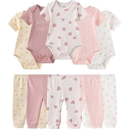 ZAVBABY Baby Bodysuit and Pant Set Cotton Ribbed Mix Infant Girl Clothes | Unisex newborn summer outfits 10-pcs,neutral and sweet style mixed bundle gift clothing set