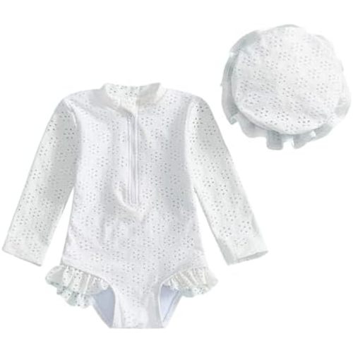 Toddler Girl Solid Swimsuit Baby Long Sleeve Rash Guard Bathing Suit Girl One Piece Swimwear with Sun Hat