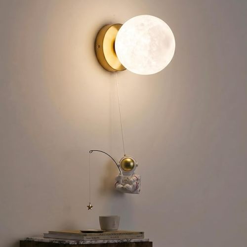COSYLUX Cute Moon & Astronaut Wall Sconce - Modern Cordless 3D Printed Wall Light for Kids Room, Bedroom, Living Room with Brass Mount | 5.9" Moon Shade & 15cm Astronaut | G9 Lamp Base