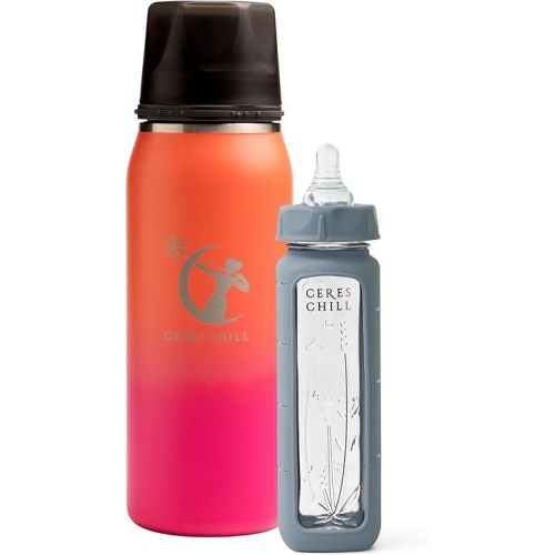 Ceres Chill Breastmilk Chiller/Warmer Bundle, 27oz of Storage, 20 Hour Chill, Comes with Glass Baby Bottle for The Ultimate Bottle Warming Duo (Dawn Chiller & Gray Bottle)