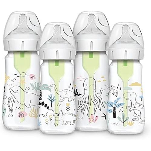 Dr. Brown’s Natural Flow® Anti-Colic Options+™ Wide-Neck Baby Bottle Designer Edition Bottles, Dinosaur and Ocean Design, 9 oz/270 mL, Level 1 Nipple, 4-Pack, 0m+