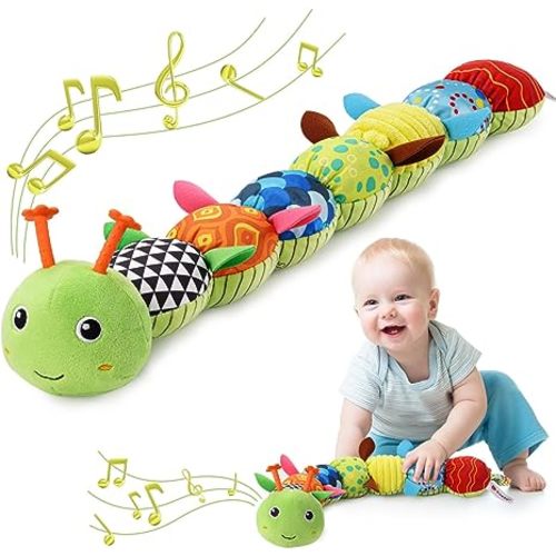 Baby Toys 0 to 12 Months, Musical Stuffed Animal Activity Soft Toys with Multi-Sensory Crinkle, Rattle and Textures, Infant Tummy Time Toys for Newborn Boys Girls, Caterpillar, Green