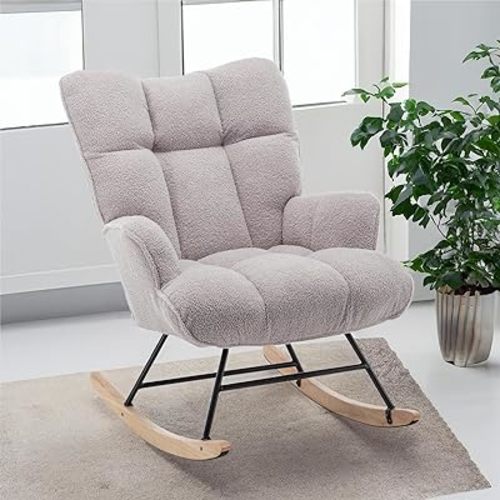 Nursery Rocking Chair Teddy, Upholstered Glider Rocker with High Backrest, Comfortable Stylish Accent Armchair with Padded Seat for Living Rooms, Grey Bedrooms, Offices, Grey