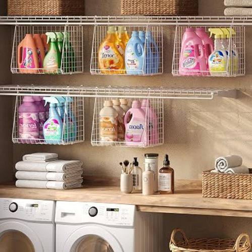 3-Pack Extra-Tall 13.6'' Hanging Laundry Basket Organizer, Foldable Wire Shelf with 360° Rotating Hooks & Reinforced Height - Durable Space-Saving Laundry Room & Closet Organizer, White Patent