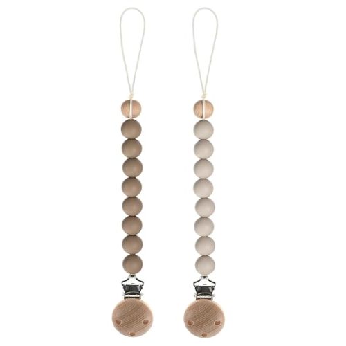 Silicone Pacifier Clips for Baby, Paci Holders Binky Clips, 2 Pack (Sand+Light Grey)