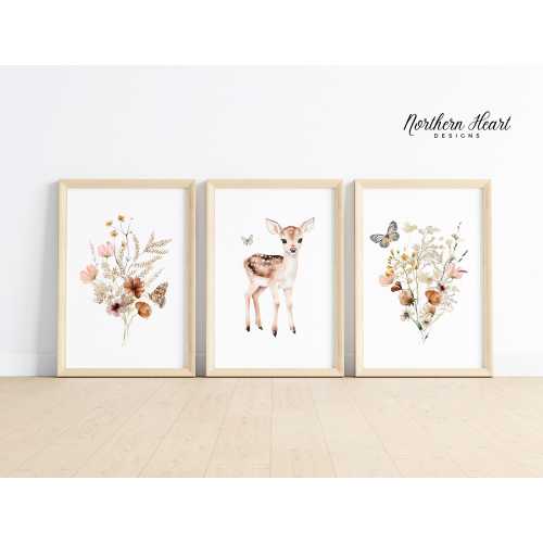 Deer Nursery Prints: Boho Wildflower Wall Art, Set of 3 (Digital Download)