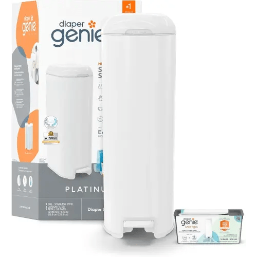Diaper Genie Platinum Pail (Lilly White) is Made of Durable Stainless Steel and Includes 1 Easy Roll Refill with 18 Bags That can Last up to 5 Months.