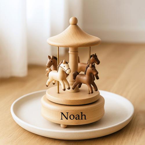 Personalized Carousel Music Box: Custom Engraved Wooden Baby Keepsake