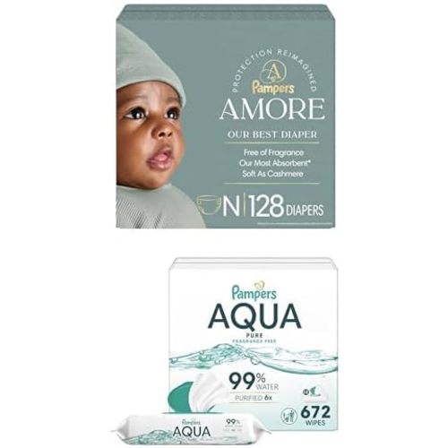 Bundle of Pampers Amore, Size 1 (8-14 lbs), 198 Count, Pampers Baby Wipes Aqua Pure, 99% Water-Based Wipes, Hypoallergenic and Unscented Baby Wipes, 672 Wipes Total (12 Flip-Top Packs)