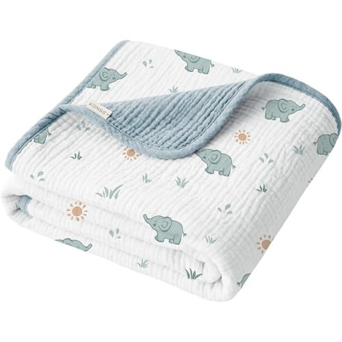 Konssy 100% Cotton Muslin Baby Blanket for Girls Boys, 40"x36" | Soft & Lightweight, 4-Layer Muslin, for Receiving, Swaddling, Crib, Stroller & Nursery, Newborn to Toddler (Elephant)