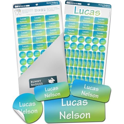 Personalized Daycare Name Labels for Kids (130 Labels) - Custom Waterproof Name Stickers for Clothing Tags, Water Bottles, Lunch Boxes and School Supplies (Gradient)