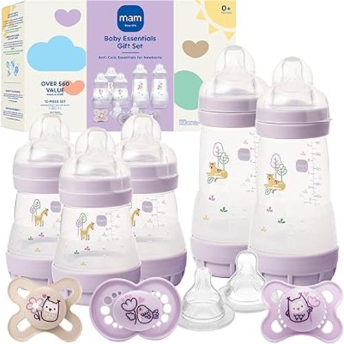 MAM Easy Start Anti-Colic Baby Bottle & Pacifier Set, 5 Self Sterilizing Bottles (3X 5oz, 2X 9oz) & 3 Original Pacifiers 0–16 Months + Extra Nipples, Newborn Feeding Gift Set