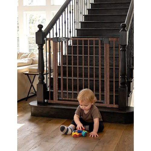 Babelio Baby Gate with Black Wood Pattern, 29-48 Inch Auto Close Dog Gate PressGuard P7 for The House, Stairs and Doorways, Pressure Mounted Pet Gate with Door and Y Spindle Rods