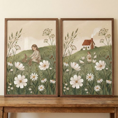Cottagecore Girl Print Set of 2 - Wildflower Hillside