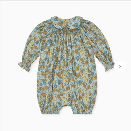 Blue Floral Palma Baby Girl Hand-Smocked Romper | La Coqueta Kids
