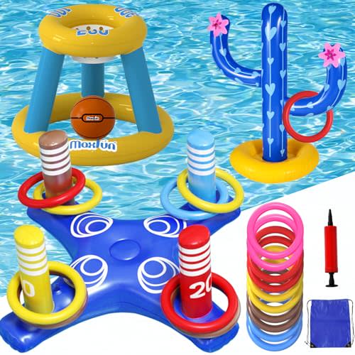 Max Fun Pool Toys Games Set, Inflatable Cross Ring Toss Games, Floating Pool Basketball Hoop, Inflatable Cactus Pool Floats for Kids Teens Adults Swimming Water Toys (3-Piece Set)