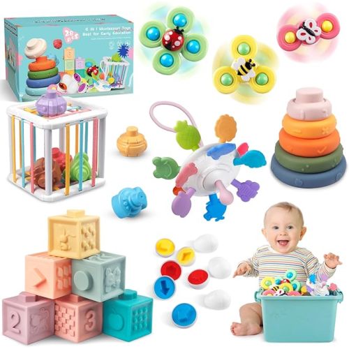 Martiount Montessori Baby Toys, 6 in 1 Soft Stacking Blocks & Sensory Set | Soft Silicone Teether, Sensory Bin, Stacking Rings & Matching Eggs — a Screen-Free Baby Shower & Birthday Gift