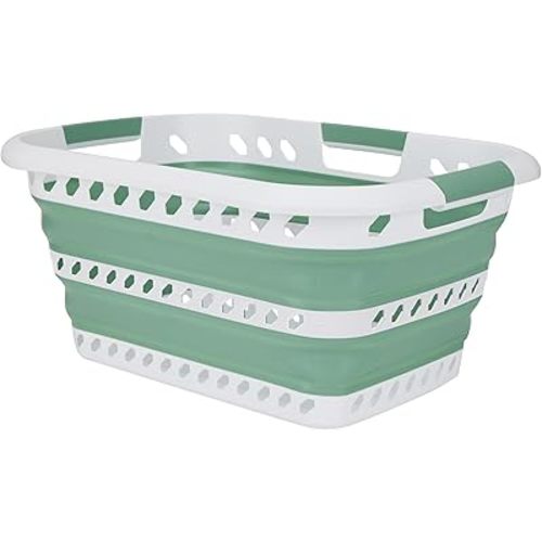 Collapsible Laundry Basket | Portable | Space Saver Storage | Hold 2 Loads | Store Under the Bed or Closet | Good for Kids | Dorm | Bedroom | Large | White/Sage