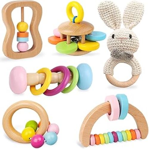 6 PCS Wooden Baby Rattle, Organic Colorful Baby Hand Rattles Set, Wood Rattles for Babies 0-6-12 Months, Wooden Teether Crochet Rattle Toy for Newborn Infant, Montessori Toys for Babies 0-6 Months