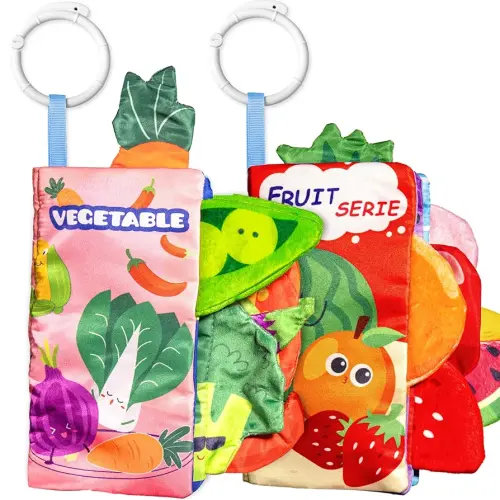 Soft Book Toys for Babies 0-18 Months, 2PCS Crinkle Cloth Books – Fruit and Vegetable Theme