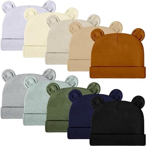 Toulite 10 Pcs Newborn Baby Hat Bear Ears Infant Caps Girl Cotton Newborn Hospital Hat Solid Color Boys Preemie Soft Toddler Beanie for 0-6 Months Baby Autumn Winter