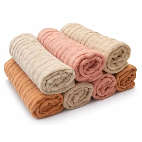 Kestel Baby Washcloths, 7-Pack 100% Muslin Cotton Soft & Absorbent, 12"x12" (Caramel)