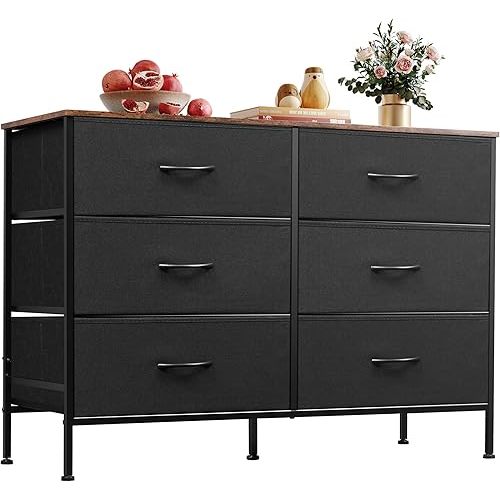 WLIVE Wide Dresser with 6 Drawers, TV Stand for 50 Inches TV, Entertainment Center with Metal Frame, Wooden Top, Fabric Storage Dresser for Bedroom, Hallway, Entryway, Black and Rustic Brown
