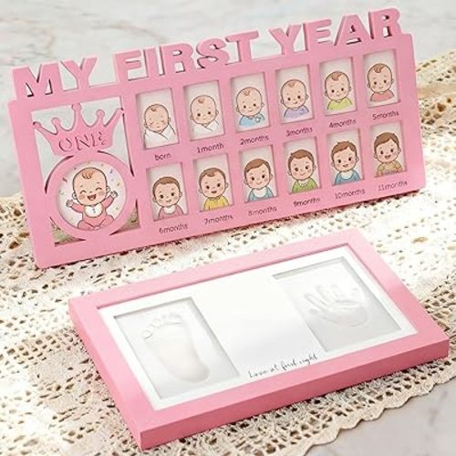 My First Year Baby Hand and Footprint Kit 12 Months Growth Record Photo Frame Keepsake Frame Includes Necessary Supplies 1st Birthday Party New Mom Gift, Nursery Keepsake Decor(Pink)