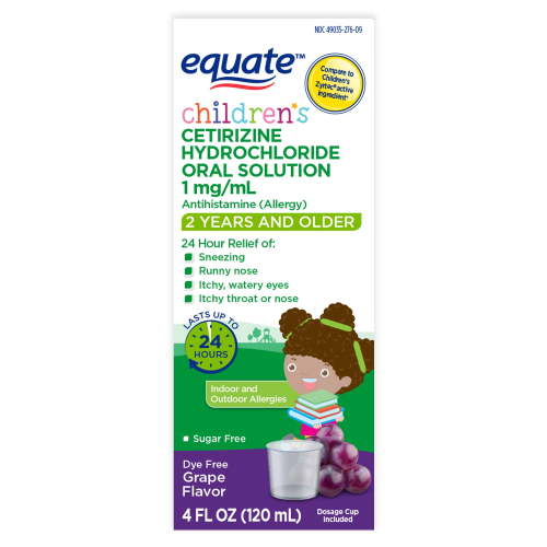 Equate Children's 24-Hour Dye-Free Cetirizine Hydrochloride Allergy Relief Oral Solution, 1 mg, Grape Flavor, Ages 2 Years and Older, 4 fl oz, Compare to Children's Zyrtec® Active Ingredient HSA/FSA Eligible