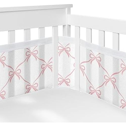 Sweet Jojo Designs + BreathableBaby Pink Bows Girls Breathable Mesh Crib Liner Baby and Infant - Blush and White Bow for the Shabby Chic, Ballet Dancer, Elegant Coquette, Ballerina Princess Collection
