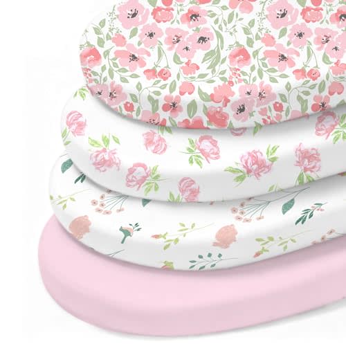 Little Grape Land Bassinet Sheets 4 Pack, 33" x 18" Fitted Bassinet Sheets Up to 4" Deep Pocket, Ultra Soft Baby Bassinet Fitted Sheets for Bassinet Mattress, Rose Garden