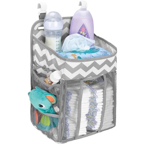 Hanging Diaper Caddy Organizer - Large Nursery Storage for Essential Newborn Baby Items - 2 Compartments, 3 Mesh Pockets - Durable Hooks to Hang on Bassinet, Changing Table, Crib