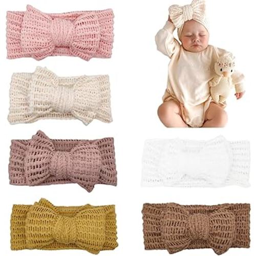 Handmade Baby Headbands Soft Stretchy Nylon Hair Bands with Bows for Newborn Infant Baby Toddler Girls- Pack of 6 (SYTLEA-01, MEDIUM)