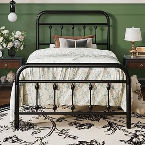 SHA CERLIN Twin Size Metal Platform Bed Frame with Victorian Style Iron-Art Headboard and Footboard, Easy Assembly, Under Bed Storage, No Box Spring Required, Black