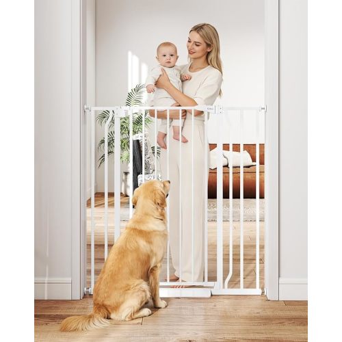 29"-45" Baby Gate for Stairs, Auto Close Stroller Friendly Dog Gate Indoor for Doorways, Pressure Mounted Baby Gate, Easy Walk Through Gate for Children & Pets, White